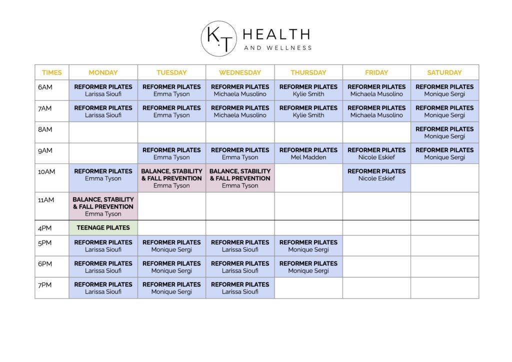 Reformer Pilates Timetable